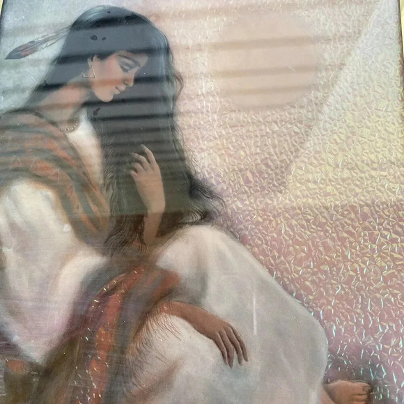 Rare VTG Judy Mastrangelo Foil Art Print Maiden & Moon Framed 8x10" Native Girl - Picture 6 of 10